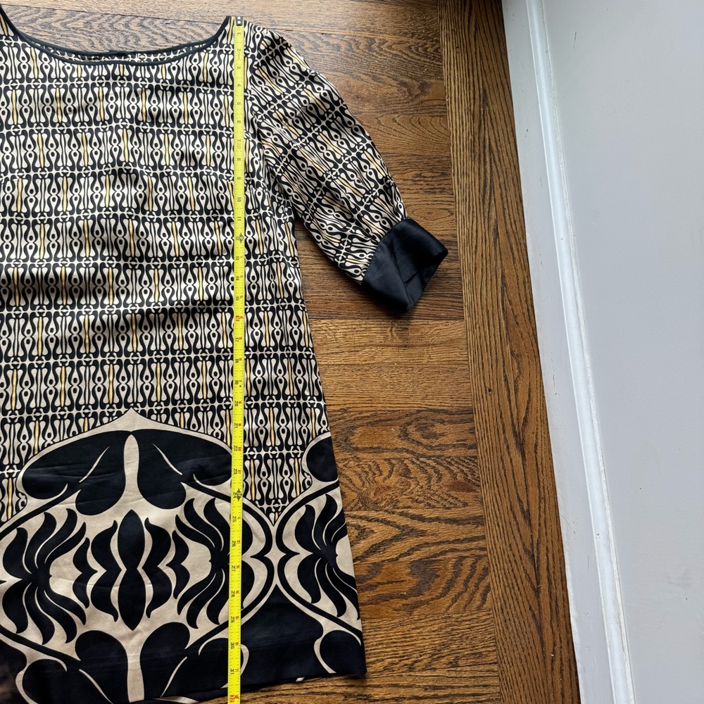 Claude Brown 100% Silk Black and Cream Patterned Women's Shift Dress 2 - Picture 11 of 13